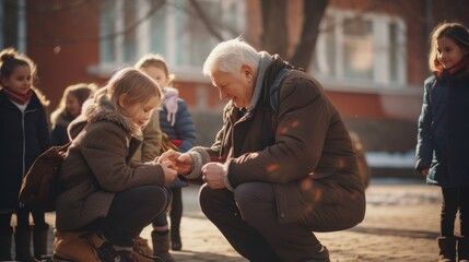 Fototapeta premium Senior grandparent picking up grandchildren after school.