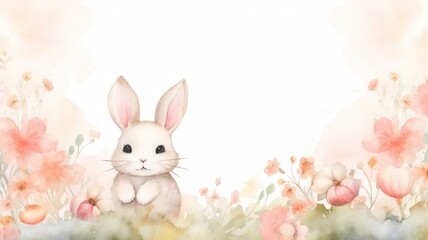 Bunny among spring flowers. Easter watercolor illustration. Card background frame. Copy space.