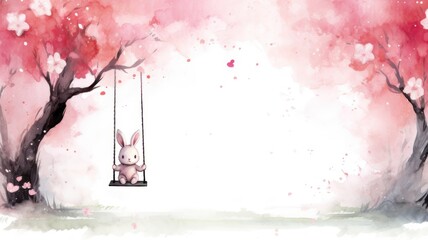 Bunny among spring trees riding on a swing. Easter watercolor illustration. Card background frame. Copy space.