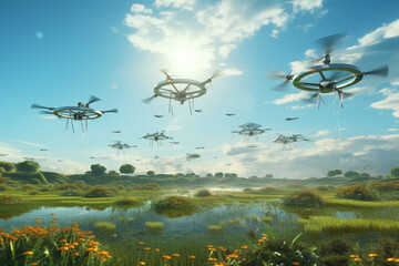 Many drones flying above green fields and swamp with blue cloud sky background. futuristic drone concept