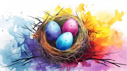 Colored eggs in the nest. Easter watercolor illustration. Card background frame. 