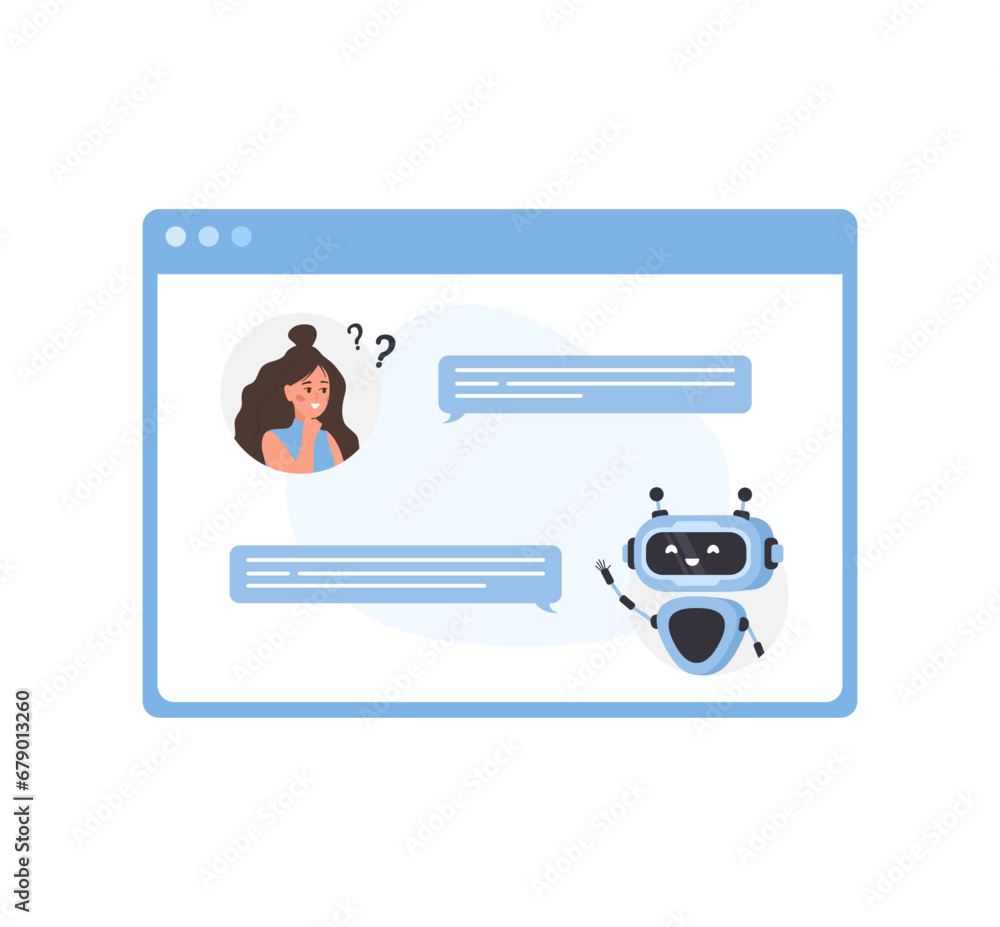 Aufkleber chatbot concept. woman chatting with robot. ai business assistant. online customer support and faq. 