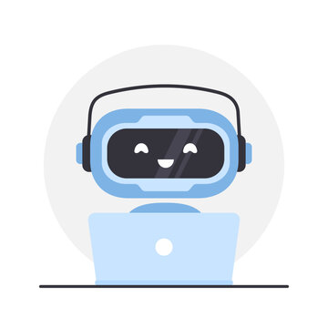 Robot chatbot with laptop. AI business assistant. Online customer support and FAQ. Artificial intelligence technology. Help desk platform. Vector illustration in flat cartoon style.