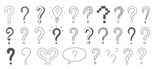 Hand drawn question marks, doodle set collection