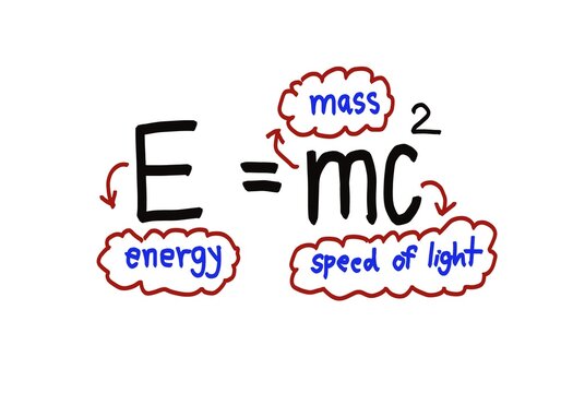 Handwritten font of Physics formula E=mc2. Energy equals mass times the speed of light squared, white background. Concept, education. Einstein's theory of relativity of mass and energy.Teaching aids. 