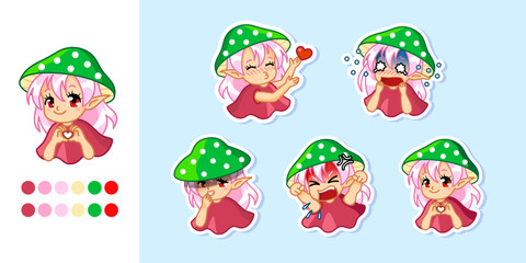 Kawaii anime girl with pink hair and mushroom hat showing different emotions. Vector sticker pack with chibi character. Isolated funny illustration.