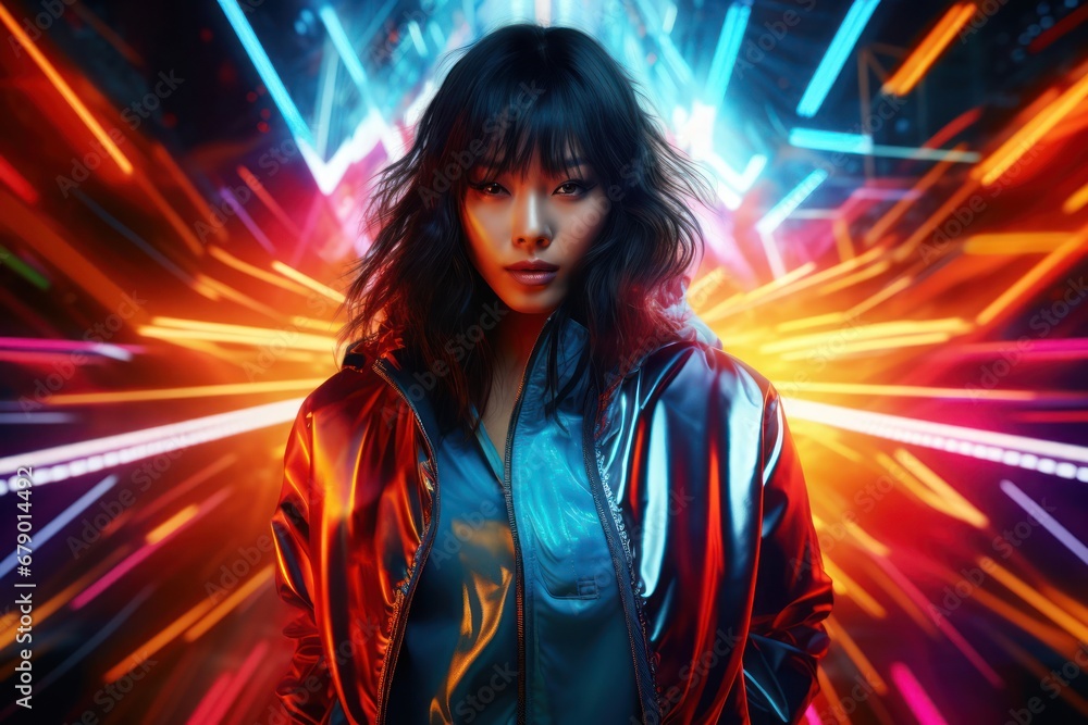 Poster woman's captivating moment in front of a colorful backdrop generative ai