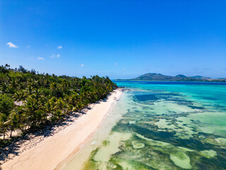 Beach on Fijian tropical island. Palm trees on white sand beach and shallow turquoise water. 