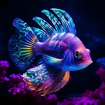 UV blacklight Neon Light of globefish in underwater