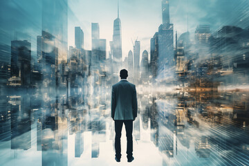 The double exposure image of the business man standing in front of technology city - obrazy, fototapety, plakaty