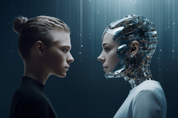 A woman opposite the AI - confrontation between humanity and artificial intelligence