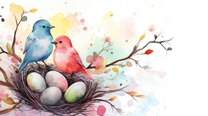 Colored eggs in the nest and two birds. Easter watercolor illustration. Card background frame.
