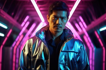 Fototapeta premium Man in a Blue Jacket Standing in a Tunnel Capturing the Essence of an Generative AI