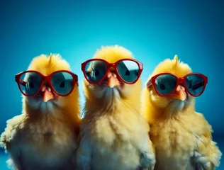 Rolgordijnen Three chicks with sunglasses isolated on studio blue background. © Virtual Art Studio