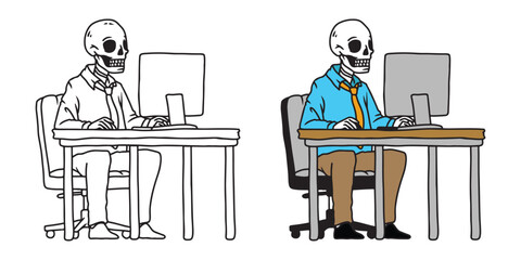 Vector illustration of an employee skull working in front of computer at the office