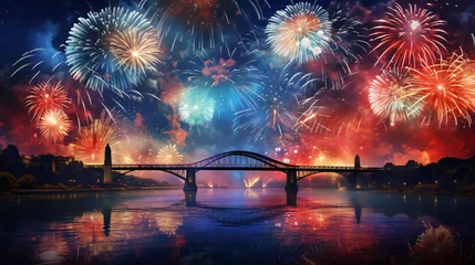 Photo sur Plexiglas Sydney Harbour Bridge Blue white and red fireworks