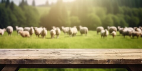 The empty wooden brown table top with blur background of sheep pasture. Exuberant image. generative AI - Powered by Adobe