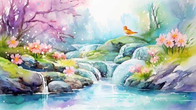 Pond, spring, bird. Watercolor illustration. Card background frame.