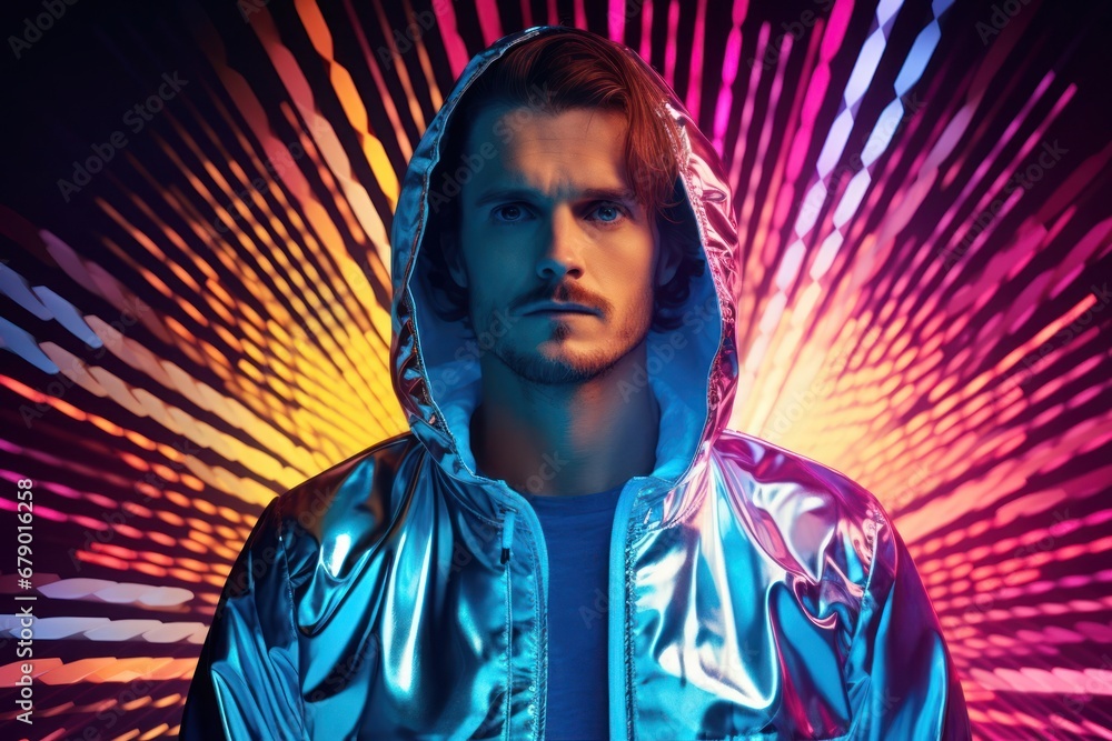 Poster man in a blue jacket standing in front of a colorful background generative ai