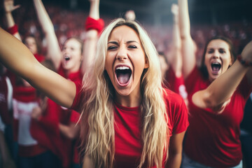 A female sports fan is happy with a group of friends, many cheering together happily and excited to watch their favorite football team. Cheering sports fans wear red and white cheer team shirts.