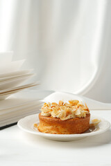 Close up of tartlet with almond petals
