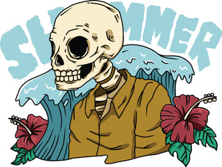 Vector illustration of skeleton chilling out on summer day. Suitable for t shirt design, book cover, sticker, poster, etc