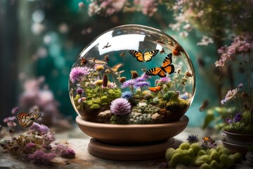 Butterflies and some plants in transparent ball