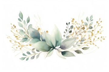 Light Teal and Gold Watercolor Wreath with Green Leaves on White Background.