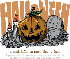 Illustration of a creepy smiling pumpkin and tombstone on a graveyard. Suitable for t shirt design, sticker, poster, cover, invitation card, etc
