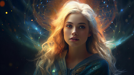 Blonde girl (Pleiadian) against the backdrop of space.