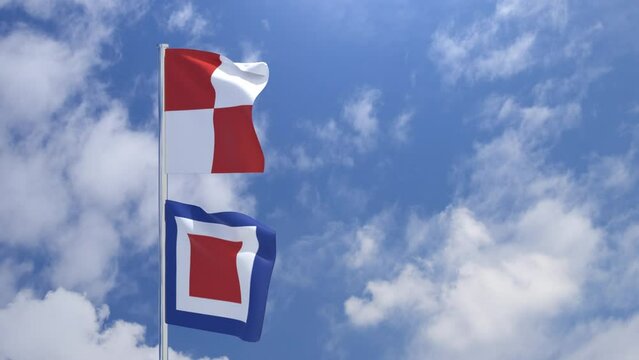 青空にはためく2枚の旗、航海の安全を祈るUW旗