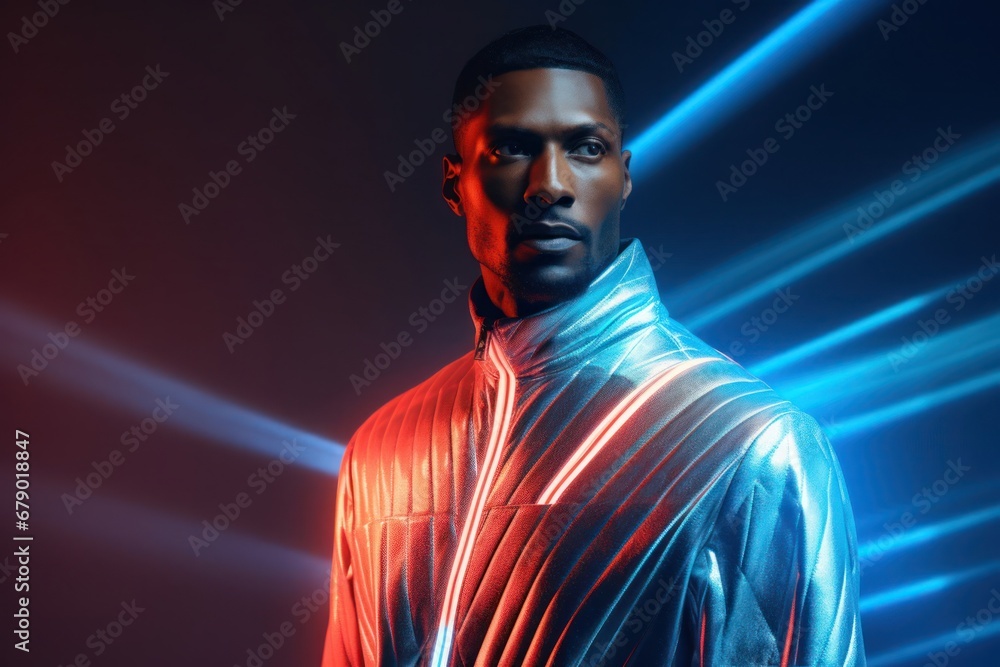 Poster man standing in front of vibrant blue and red lights showcasing the generative ai