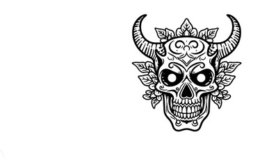 ,Devil skull, horned skull, viking skull ,Dark Art Gothic Skull Demon Horn Vintage Tattoo bones in hand drawing style 