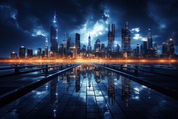 Fototapeta na wymiar Cyber dark night city landscape background. Light glowing on dark scene by Generative AI