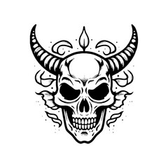 ,Devil skull, horned skull, viking skull ,Dark Art Gothic Skull Demon Horn Vintage Tattoo bones in hand drawing style 
