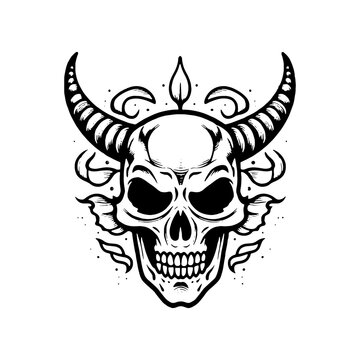 recommend clip art: ,Devil skull, horned skull, viking skull ,Dark Art Gothic Skull Demon Horn Vintage Tattoo bones in hand drawing style 