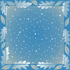 Square winter pattern with oak leaves and snowflakes on a blue background.