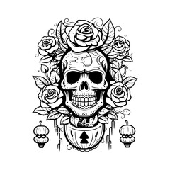 Skull Rose Dark illustration Devil Demon Horror Bone Skull Hand drawn head Hatching symbol Tattoo Merch Vintage Vector