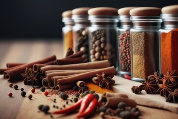 Spices and herbs in glass jars on wooden background. Food and cuisine ingredients