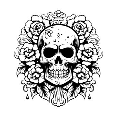 Skull Rose Dark illustration Devil Demon Horror Bone Skull Hand drawn head Hatching symbol Tattoo Merch Vintage Vector