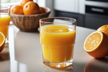 Glass of fresh orange juice and fruits on table in kitchen, closeup