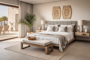 Fototapeta premium Seamless Indoor-Outdoor home with a Modern Beachfront Bedroom Aesthetic