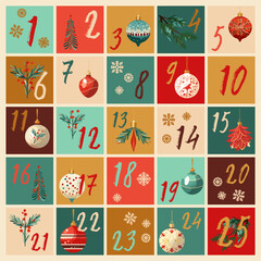 Vector Christmas 25 window advent calendar with tree ornaments and snowflakes. 