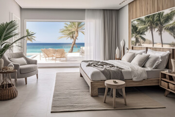 Fototapeta premium Seamless Indoor-Outdoor home with a Modern Beachfront Bedroom Aesthetic