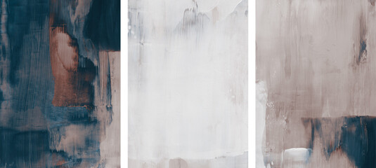 Three abstract paintings. Acrylic on paper. Muted colors. Versatile artistic image for creative design projects: posters, cards, banners, magazines, prints, wallpapers. Artist-made art.