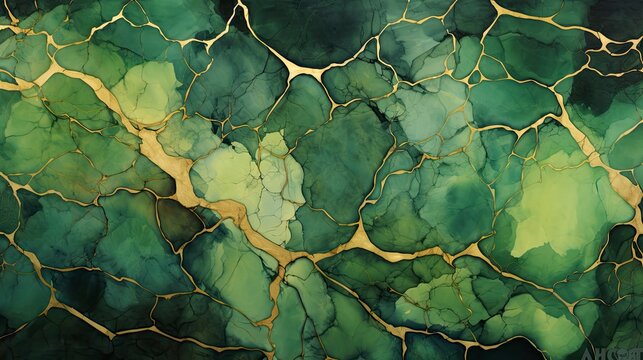 Abstract Seamless Green and Gold Background with Enchanting Watercolors.