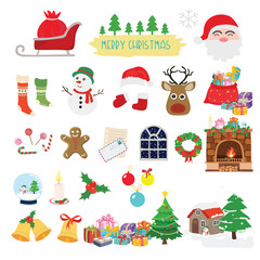 Christmas element vector set. Merry Christmas and happy new year clip art. Santa claus items and christmas decorations. Flat vector in cartoon style isolated on white background.