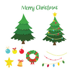 Naklejka na ściany i meble Decorated christmas tree vector with star, lights, decoration ball, lamps. Merry christmas and happy new year clip art. Flat vector in cartoon style isolated on white background.