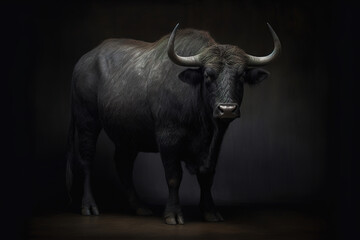 Obraz premium Muscular black bull on black background, photorealistic illustration