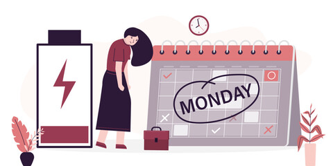 Tired businesswoman going to work, calendar showing Monday. Depression and sadness worker woman. Monday blues, tired and fear of routine office work,